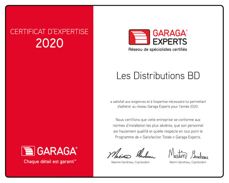 Certificate of expertise Garaga Expert