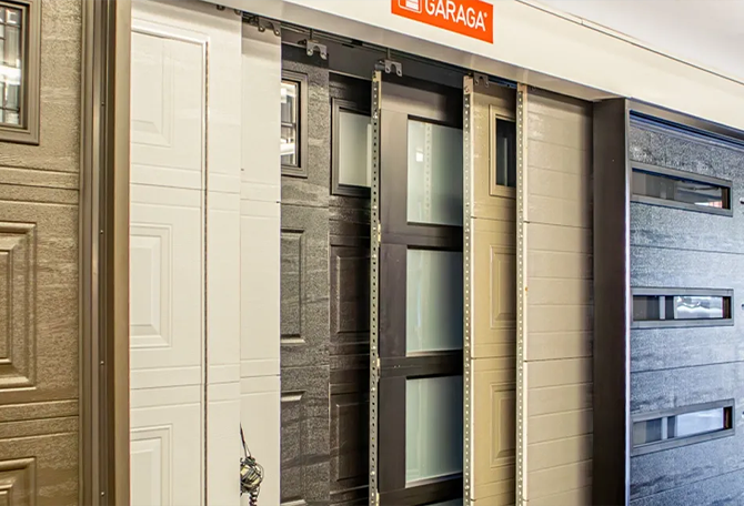Different garage doors available in the showroom